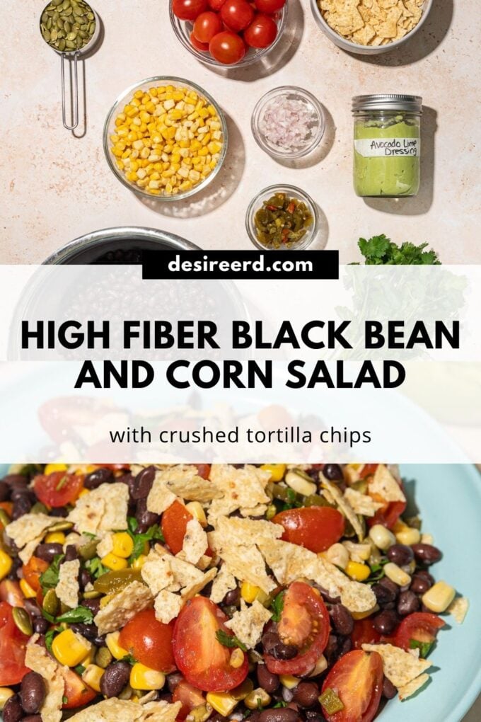 pinterest graphic of picture of black bean and corn salad in blue bowl beside picture of ingredients: corn kernels, avocado lime dressing, cherry tomatoes, black beans